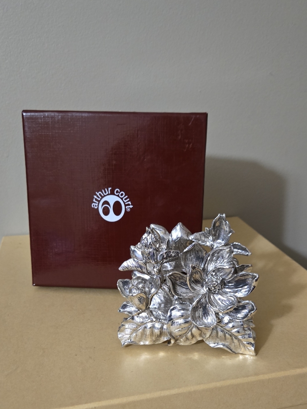 Arthur Court Magnolia Floral Decorative Napkin Holder In Box w/2 Napkin Packs